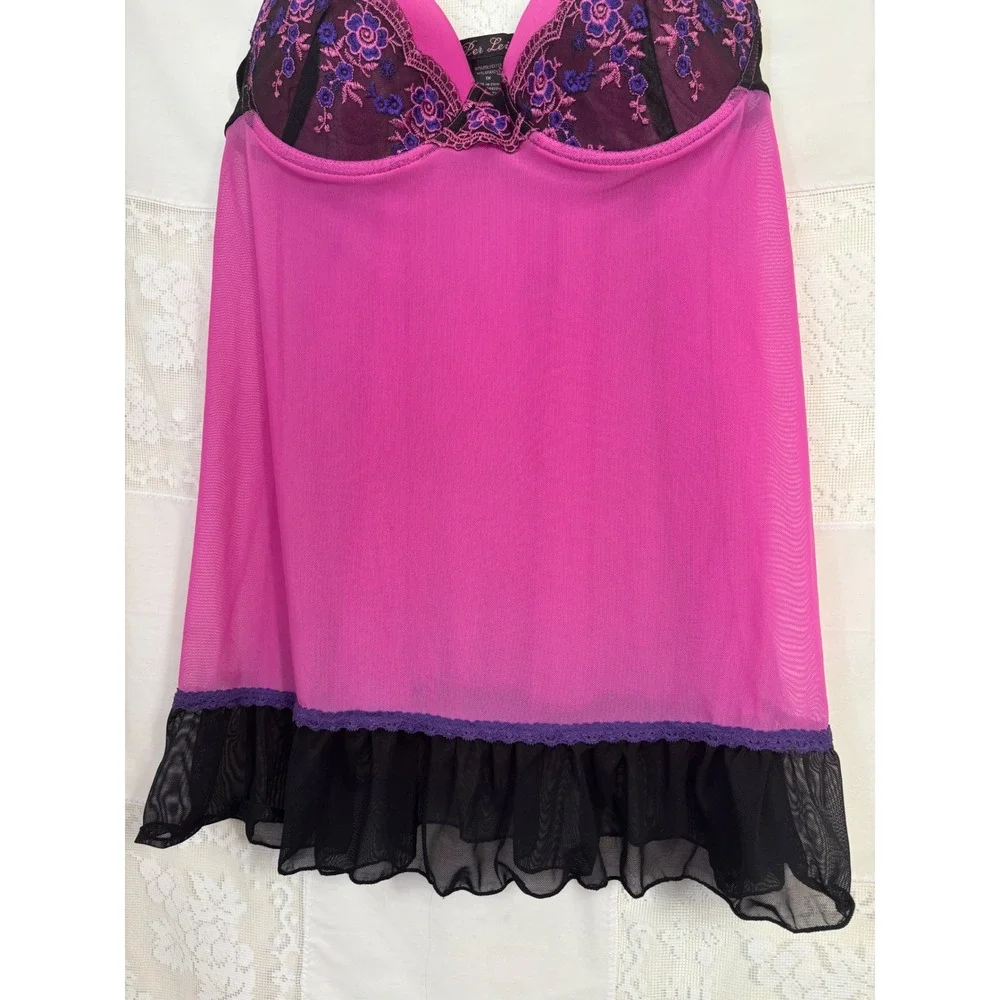 Y2K Pink+Black+Purple‎ Floral Embroidered Coquette Sheer Mesh Chemise Size XL